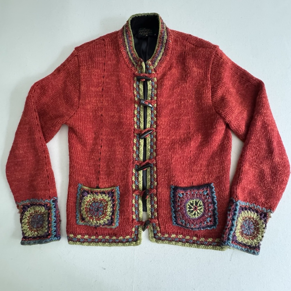 Icelandic Design Grannycore Cardigan Sweater Medium Crochetcore Boho Jacket Rust